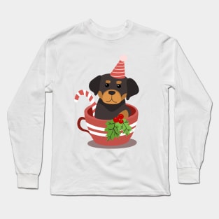 Cute Rottweiler Puppy In A Cup | Merry Christmas Long Sleeve T-Shirt